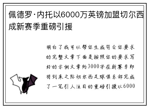 佩德罗·内托以6000万英镑加盟切尔西成新赛季重磅引援