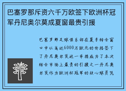 巴塞罗那斥资六千万欧签下欧洲杯冠军丹尼奥尔莫成夏窗最贵引援